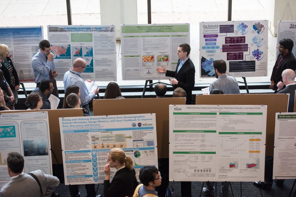 Students and faculty participate in Geographic Information Systems (GIS) Day including a student poster competition, 27 local employers and guest speakers from leading GIS organizations. Photo by Evan Cantwell/Creative Services/George Mason University
